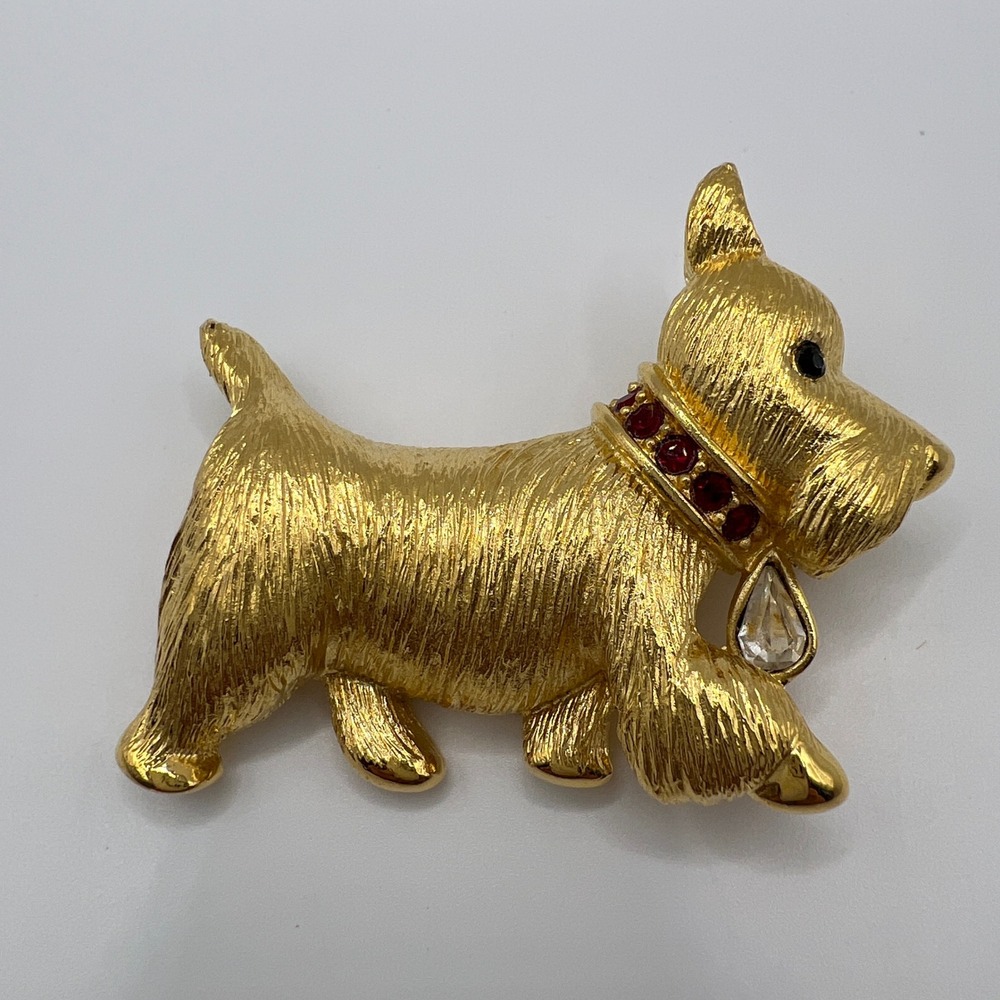 Napier Vintage Gold Tone Scottie Dog Brooch Red Rhinestone Collar Crystal Charm